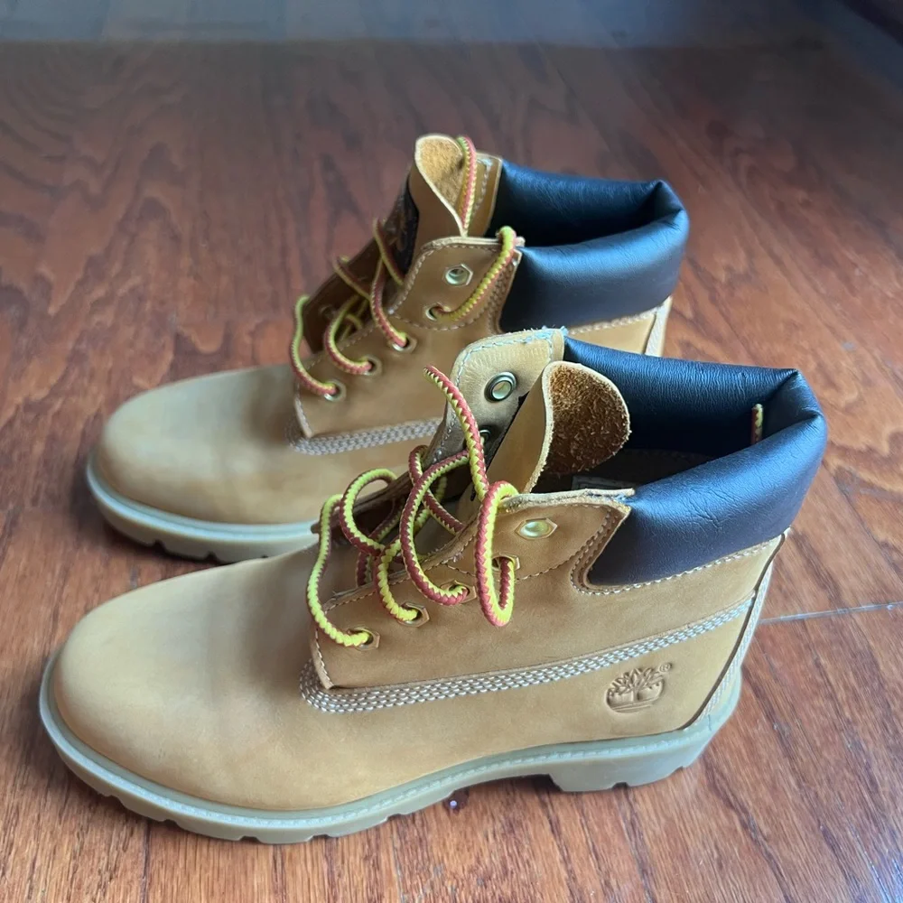 Timberland Kids Wheat Tan Boots with Black Collar and Yellow/Red Laces